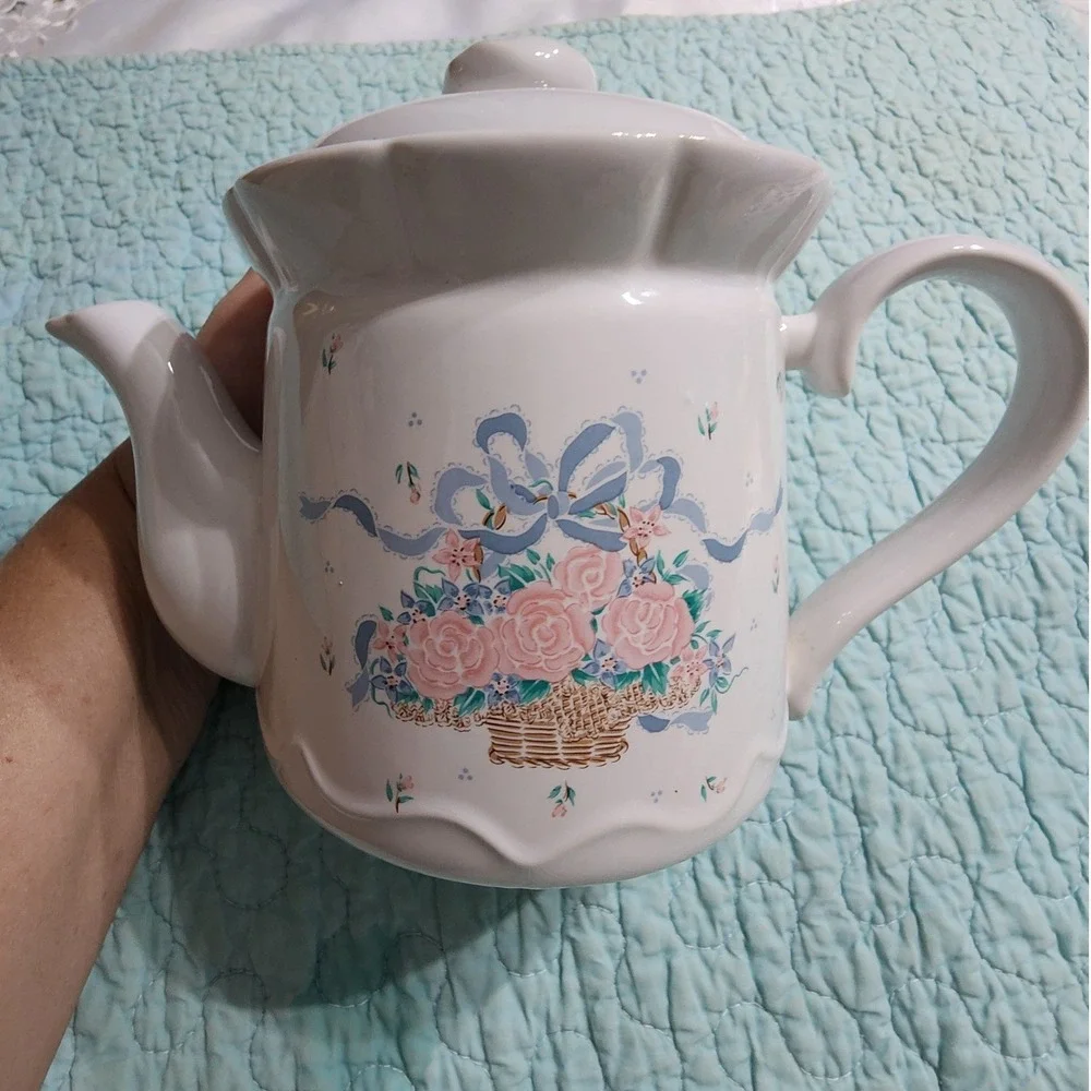 Vintage Floral Basket Ceramic Teapot White Pink Roses Blue Bow Scalloped Trim